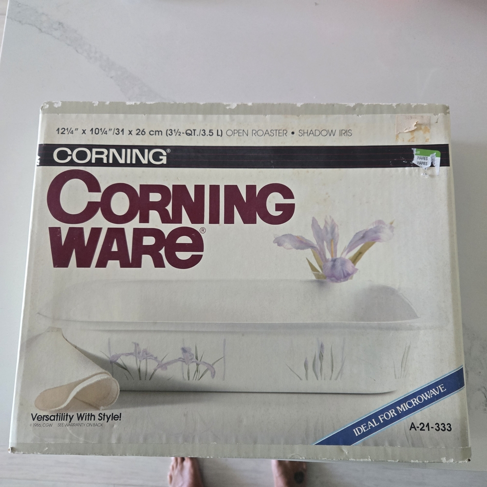 Corningware Box with Maroon Logo on Cream Packaging